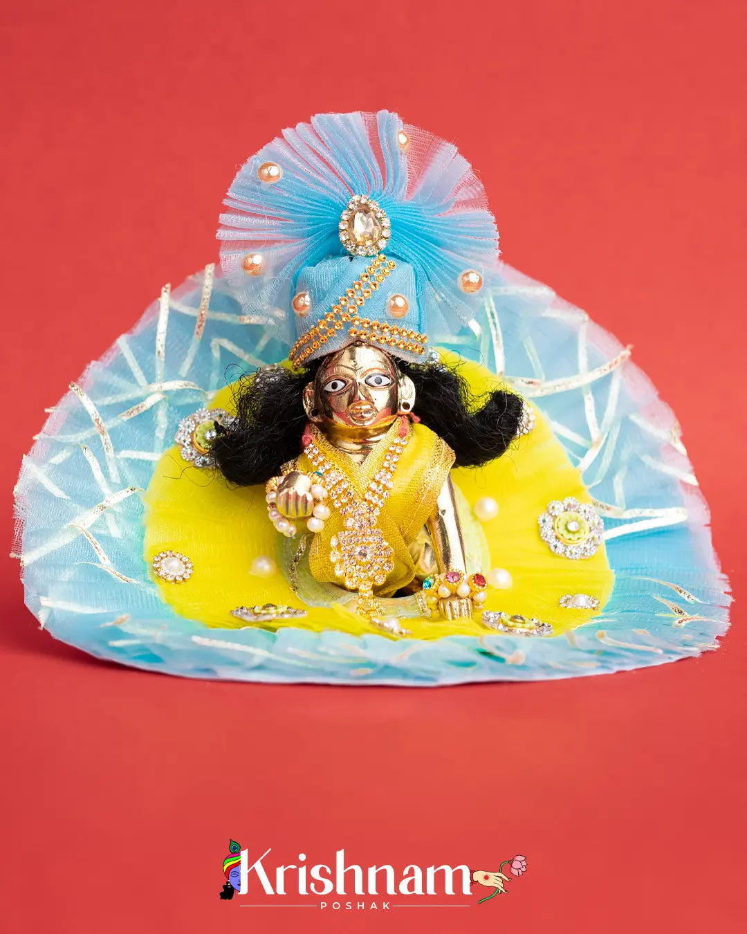 Sky Blue & Yellow Net Dress for Laddu Gopal (Pagdi Included) - Krishnam Poshak