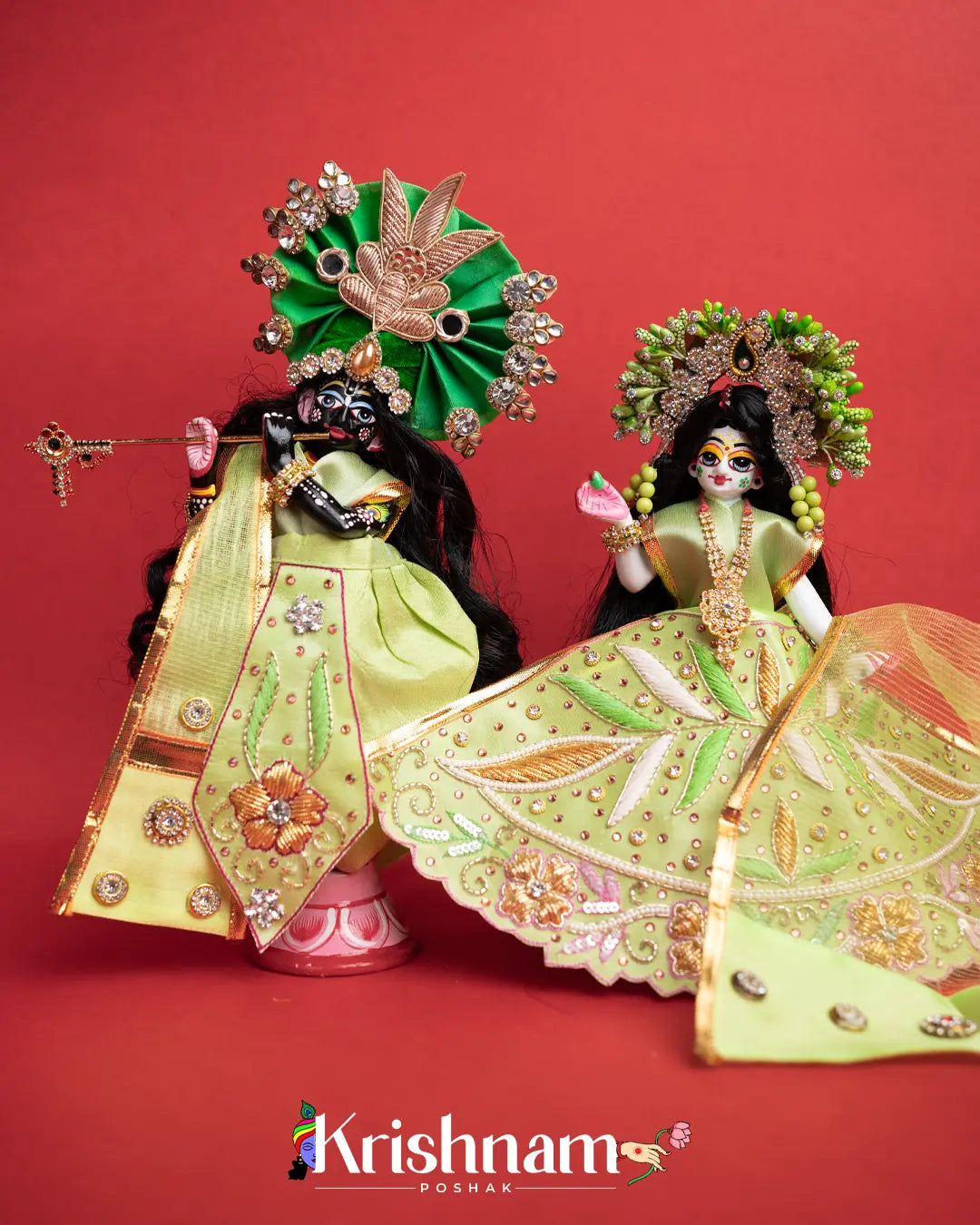 Exquisite Handmade Green Radha Krishna Dress - Crafted with Love in Kolkata" (Dress Only) (Pagdi Not Included) - Lord of Universe