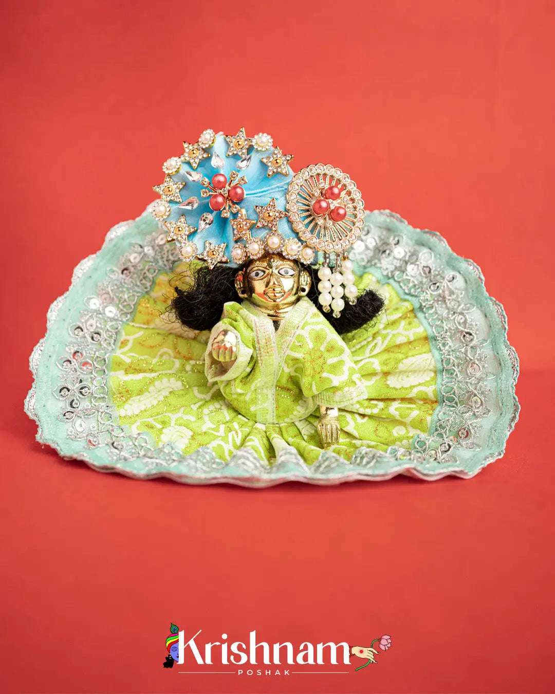 Cotton Green With Silver Work For Laddu Gopal (Without Pagdi ) - Krishnam Poshak