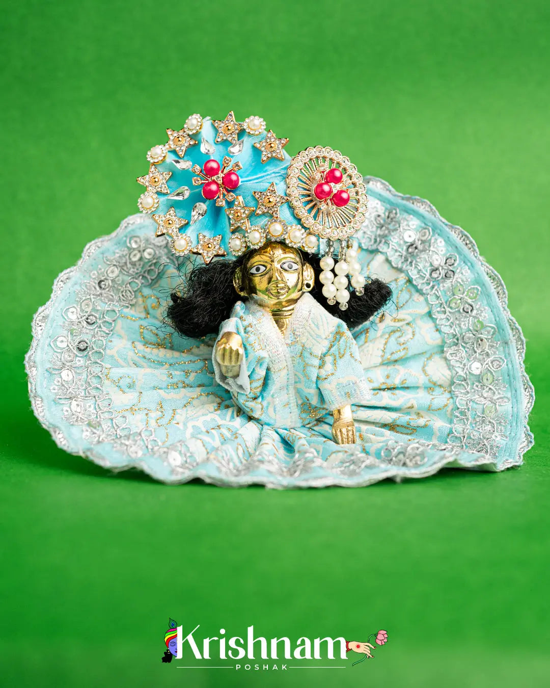 Cotton Sky Blue Dress With Silver Work For Laddu Gopal (Without Pagdi ) - Krishnam Poshak