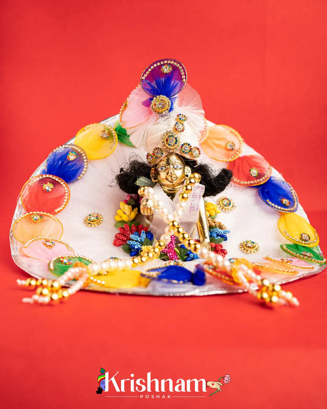 White Handmade Dress For Laddu Gopal (Pagdi & Patka Included) - Krishnam Poshak