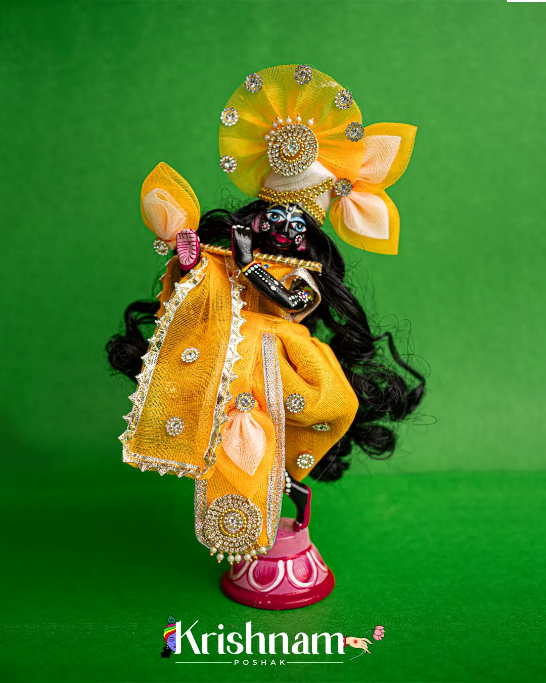 "Orange Flower Pattern Radha Krishna Dress - Crafted with Love in Rajasthan" (Dress Only) (Pagdi & Bansuri Included) - Krishnam Poshak