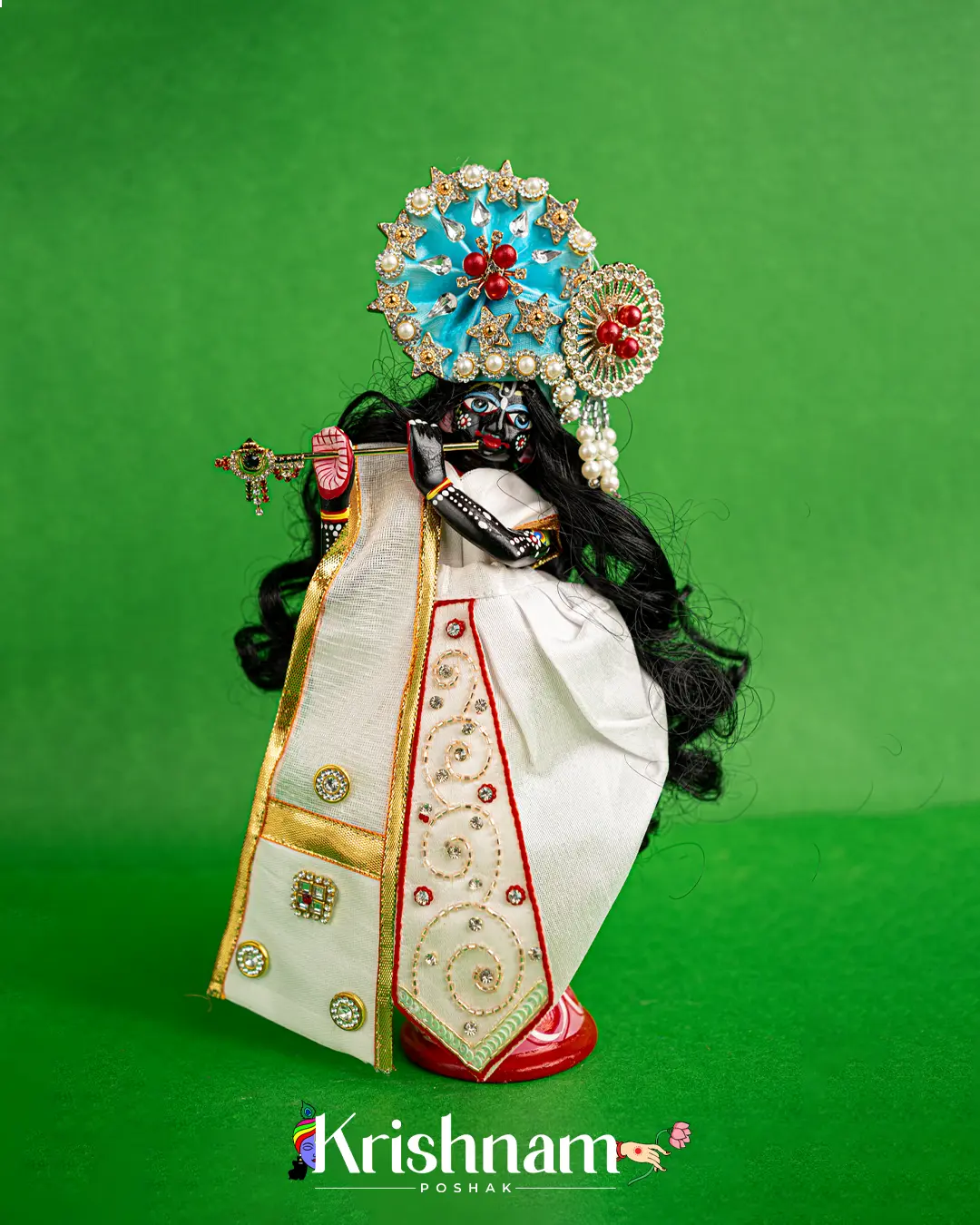 "Exquisite Handmade White Radha Krishna Dress - Crafted with Love in Kolkata" (Dress Only) (Pagdi Not Included) - Krishnam Poshak