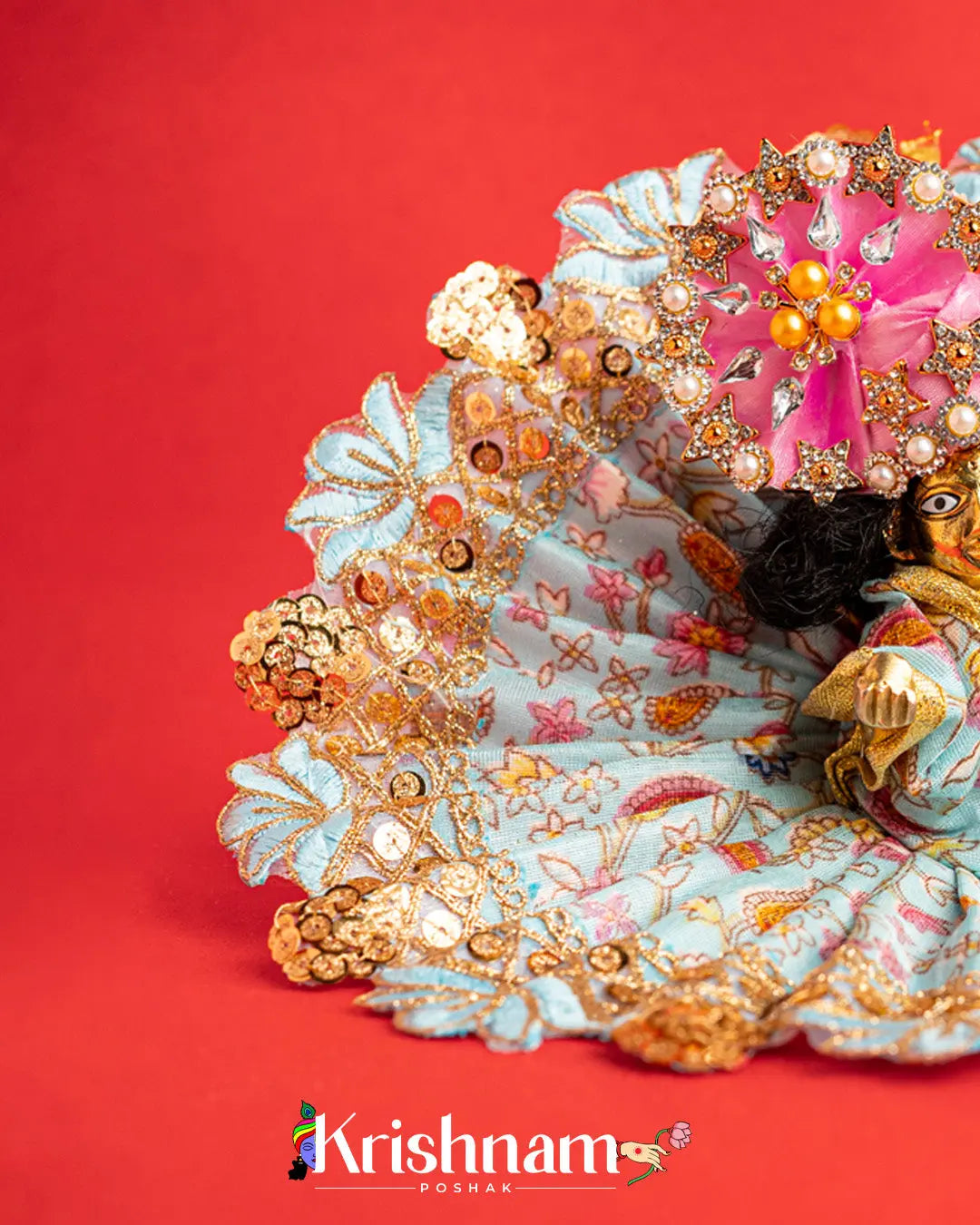 Sky Blue Floral  Dress For Laddu Gopal (Without Pagdi ) - Krishnam Poshak