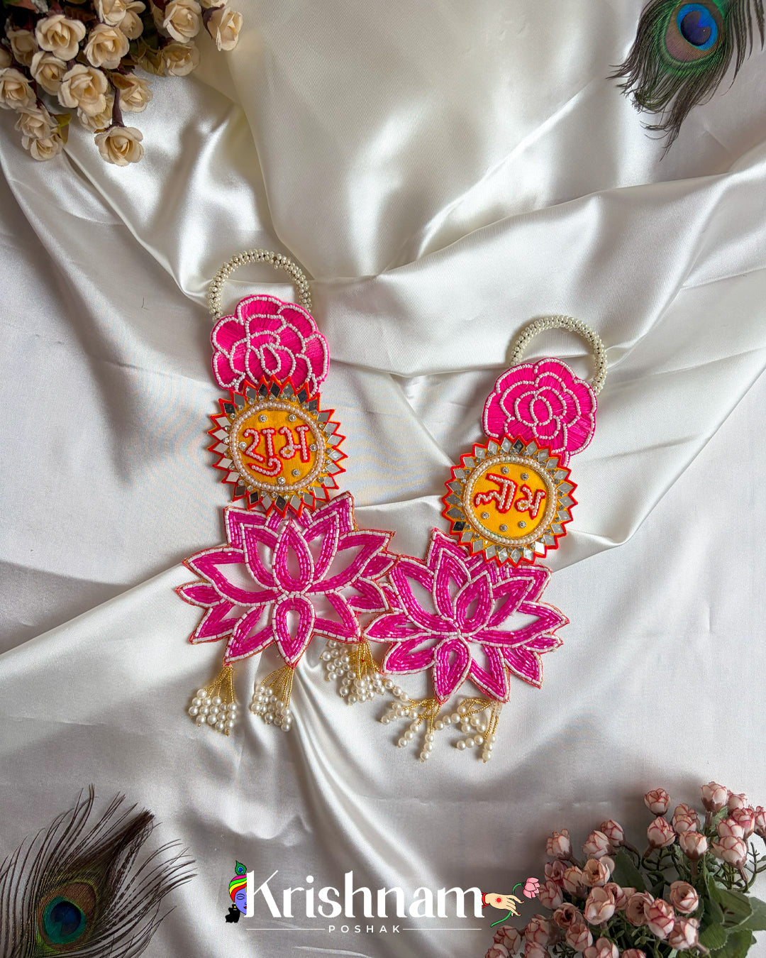 Pink Floral Shubh Labh Aesthetic Handmade Wall Hanging, Door Hanging, Toran for Festivals Decoration Krishnam Poshak