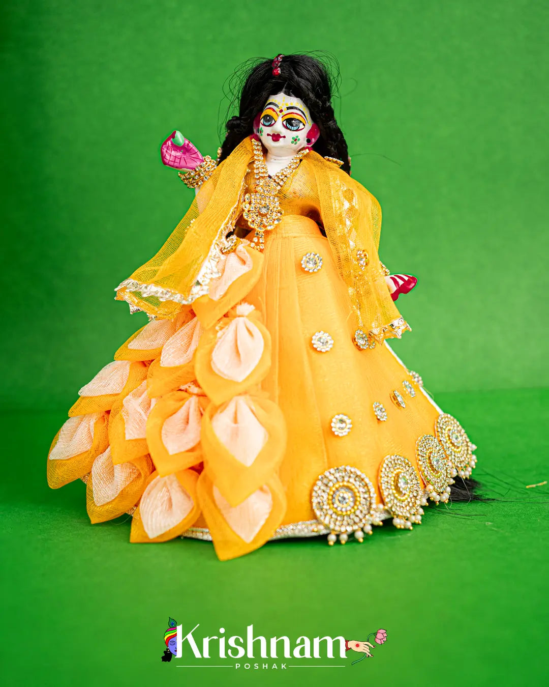 "Orange Flower Pattern Radha Krishna Dress - Crafted with Love in Rajasthan" (Dress Only) (Pagdi & Bansuri Included) - Krishnam Poshak