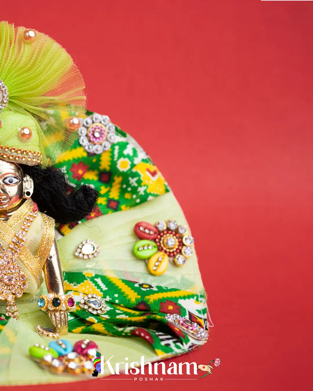 Green Net Bandhej Dress for Laddu Gopal (Pagdi Included) - Krishnam Poshak