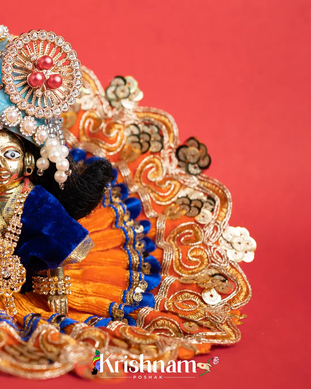 Velvet Orange Dress with Gota Patti Border Laddu Gopal (Pagdi Not Included) - Krishnam Poshak