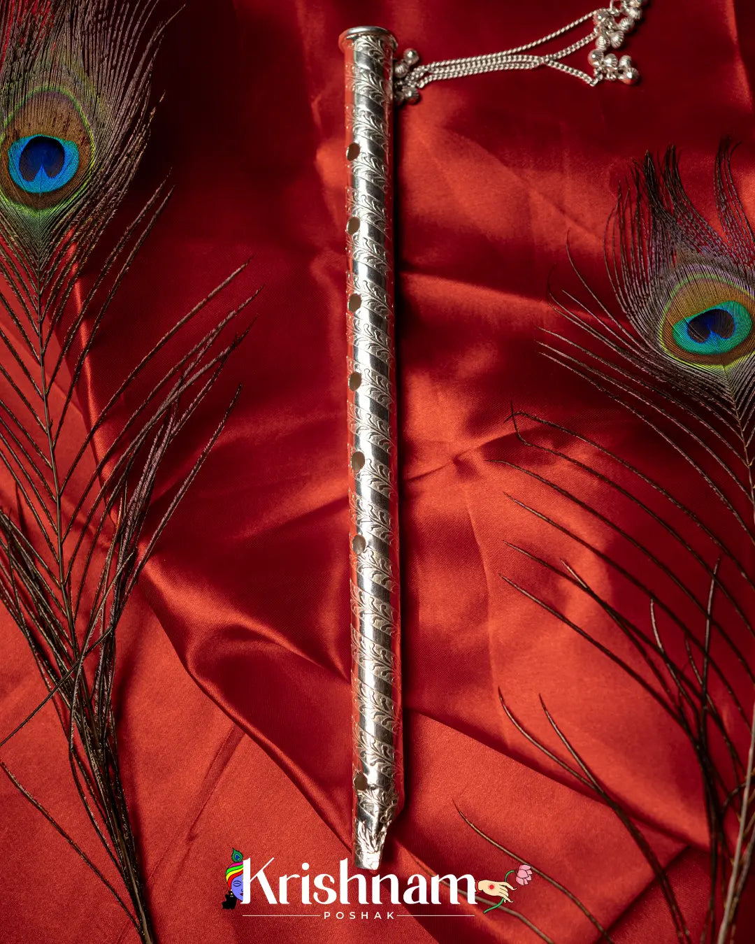 Elegant Holy Silver Handmade Lord Krishna flute, Laddu Gopala Flute (71 Grams Approx.) - Krishnam Poshak