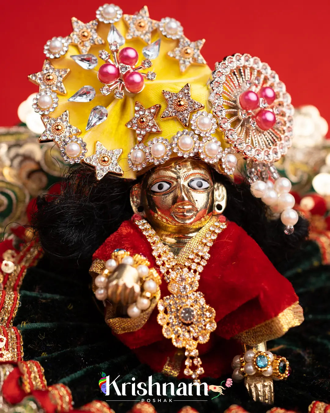 Velvet Green Dress with Gota Patti Border Laddu Gopal (Pagdi Not Included) - Krishnam Poshak