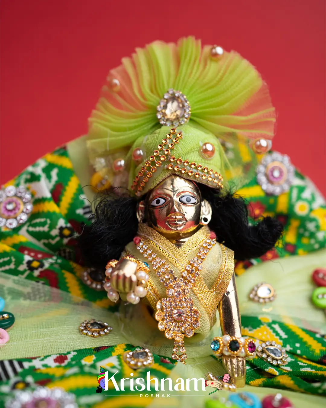 Green Net Bandhej Dress for Laddu Gopal (Pagdi Included) - Krishnam Poshak