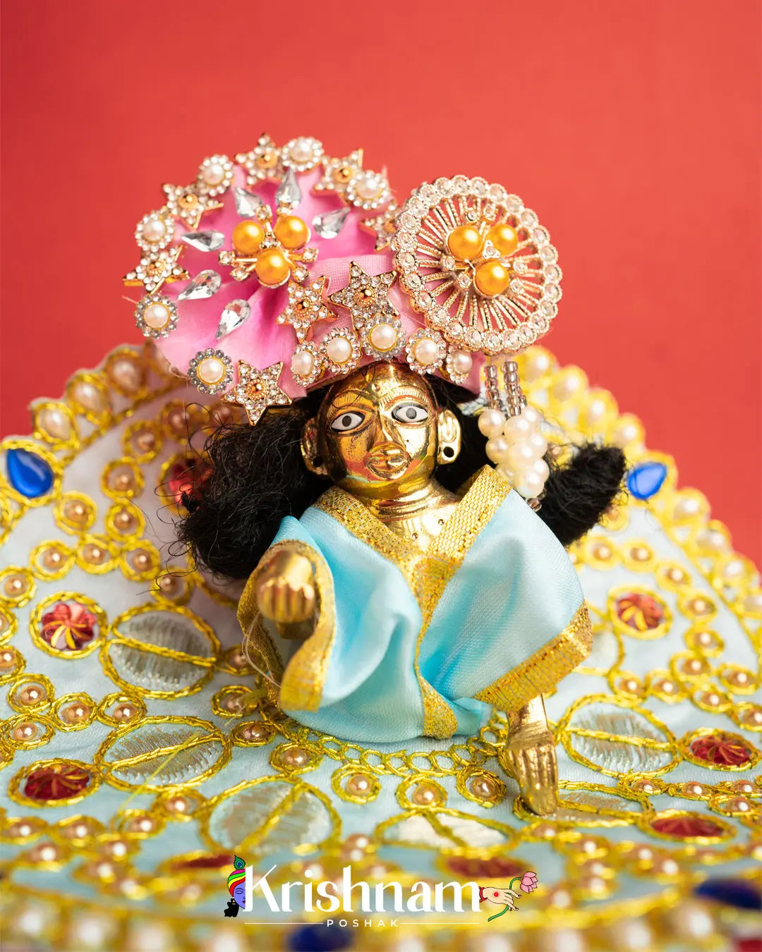 Sky Blue Dress With Golden Work For Laddu Gopal (Without Pagdi ) - Krishnam Poshak