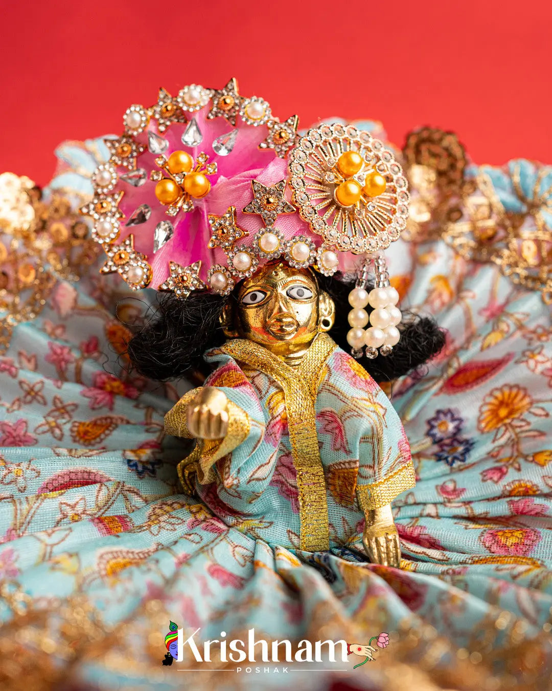 Sky Blue Floral Dress For Laddu Gopal (Without Pagdi ) - Krishnam Poshak