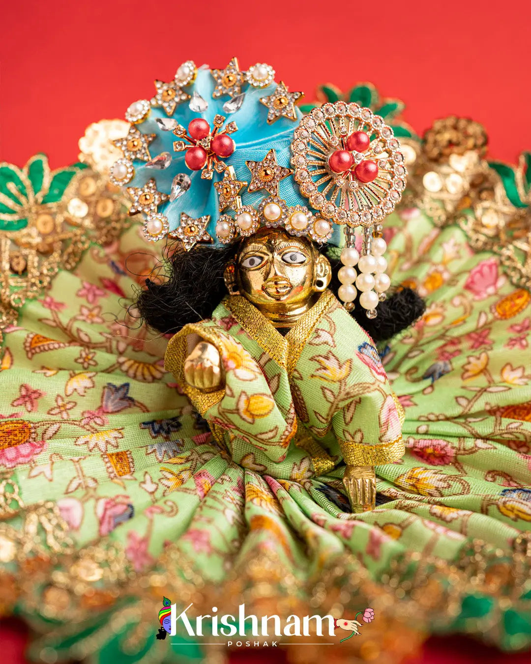 Green Floral Dress For Laddu Gopal (Without Pagdi ) - Lord of Universe
