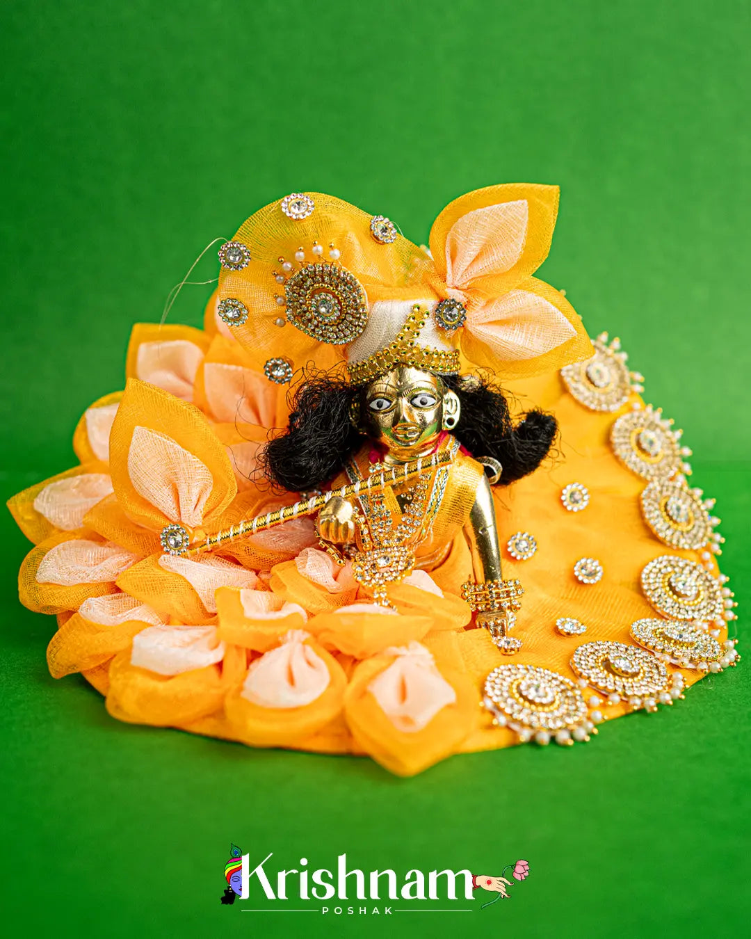 Orange Floral Net Dress for Laddu Gopal (Pagdi & Bansuri Included) - Krishnam Poshak