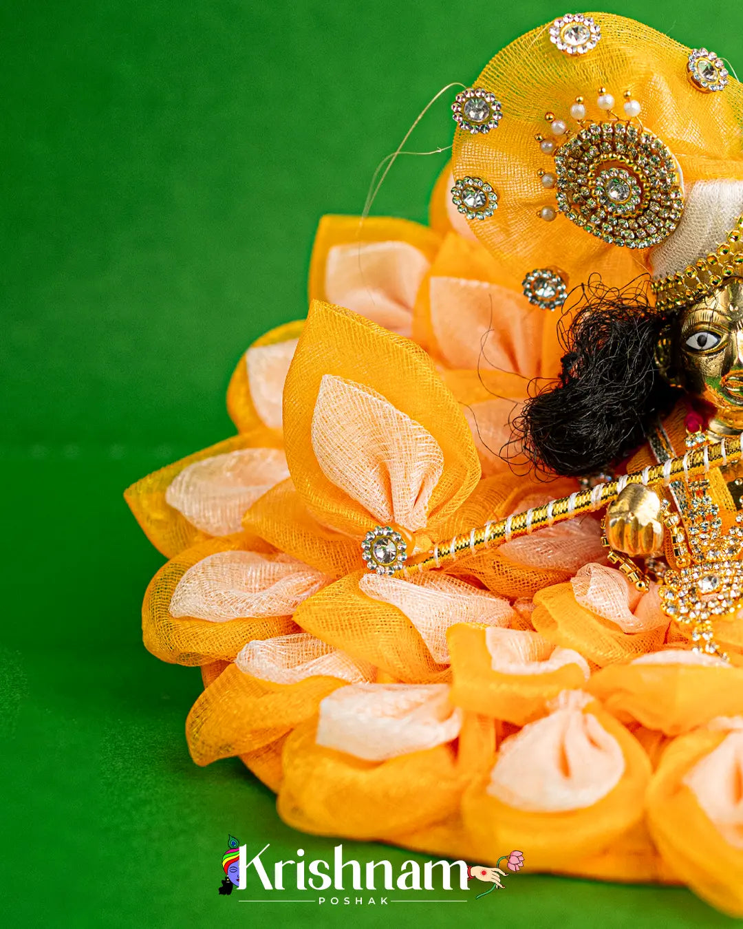 Orange Floral Net Dress for Laddu Gopal (Pagdi & Bansuri Included) - Krishnam Poshak