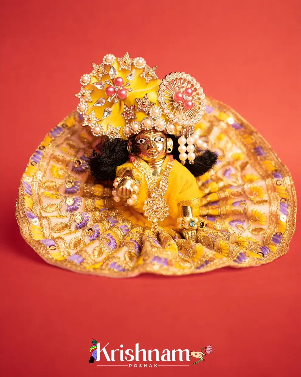 Velvet Peach Dress with Gota Patti Border Laddu Gopal (Pagdi Not Included) Krishnam Poshak