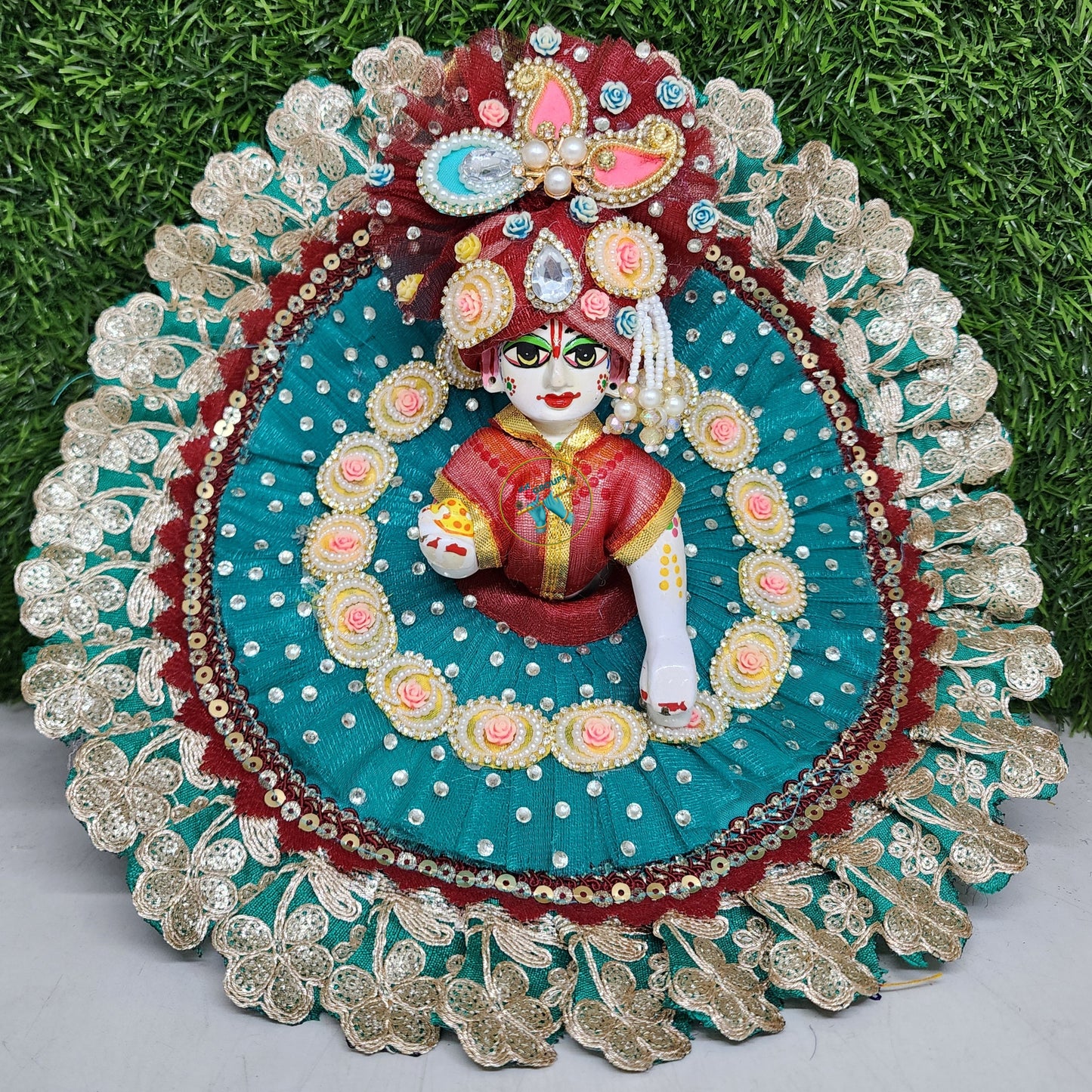 Green with Mehron Heavy lace dress for laddu gopal ji